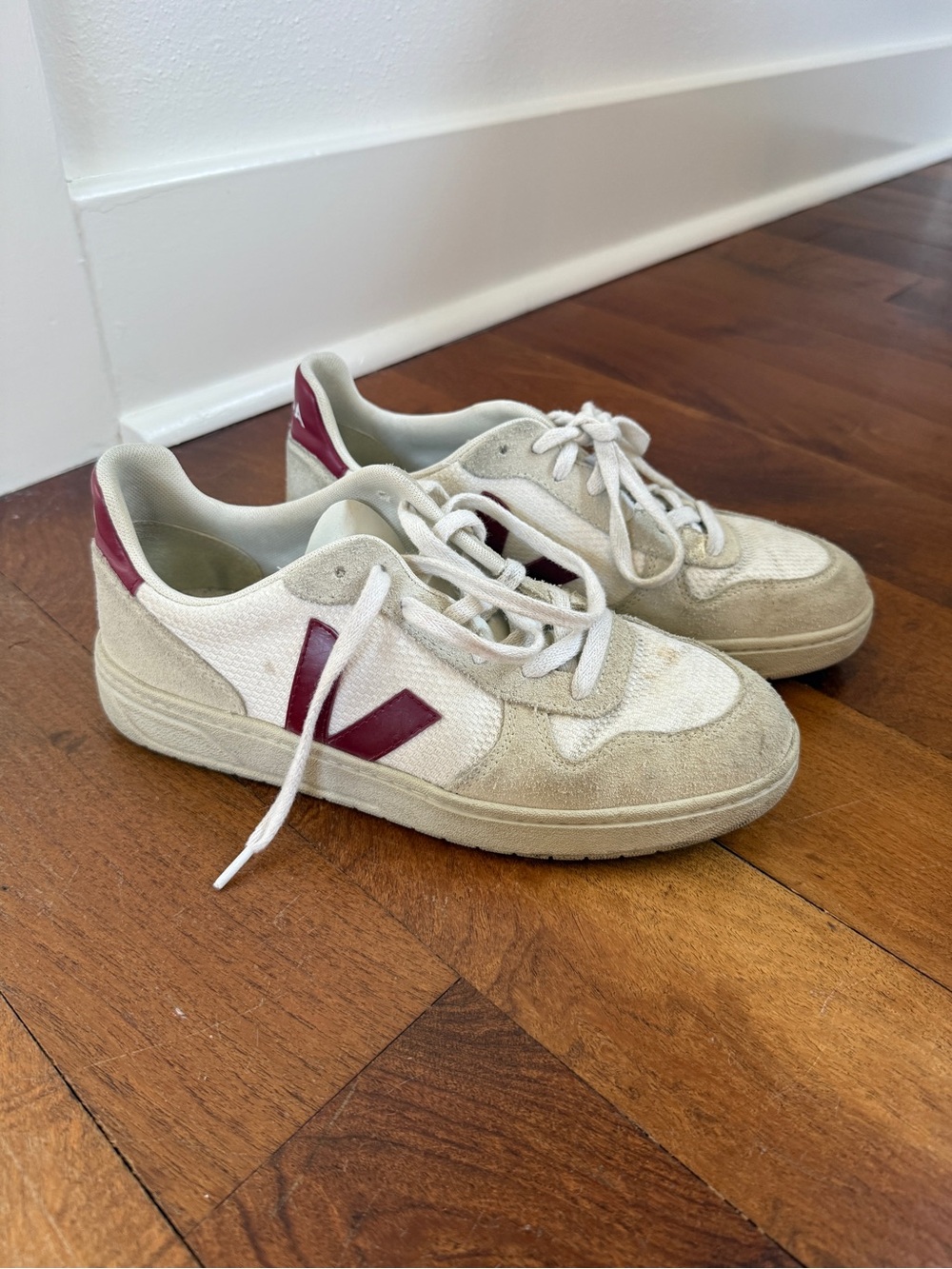 Veja White and Burgundy V-Logo Low-Top Sneakers